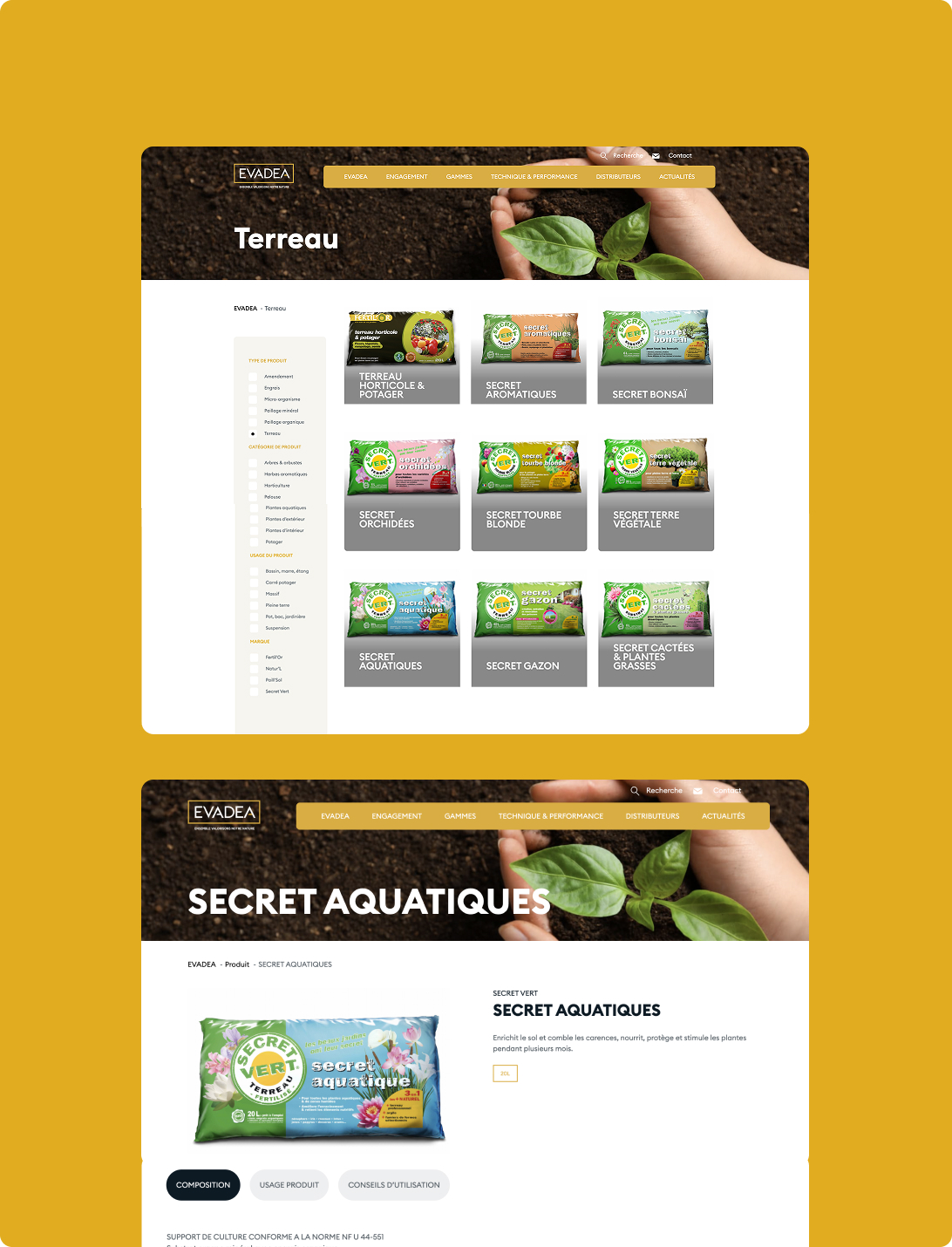 Visuels des pages catégories et produits du site Evadea