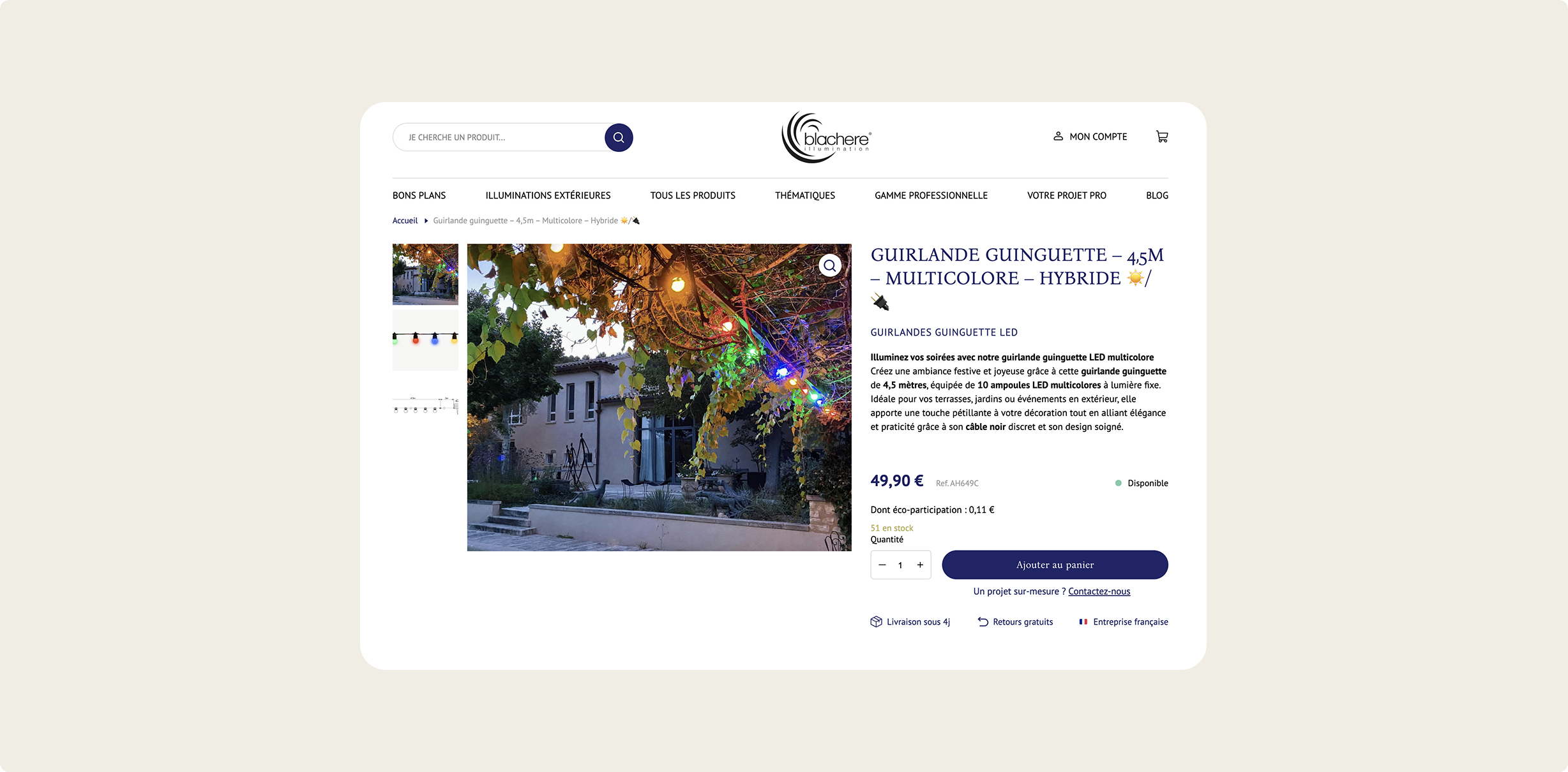 Exemple de la page produit du site e-commerce Blachere Illumination