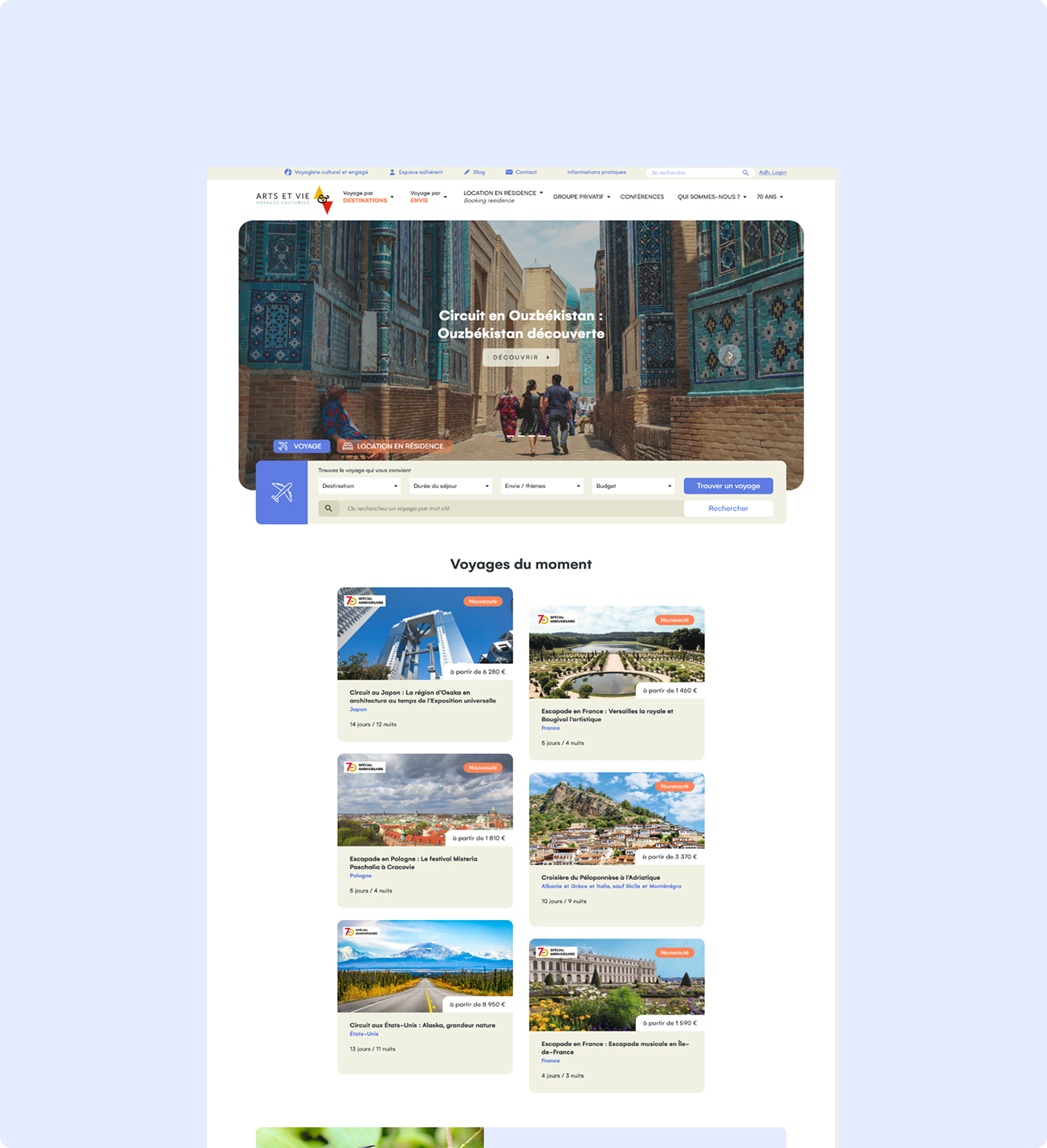 Visuel de la page d'accueil du site Arts&Vie